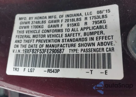 2015 Honda Civic Lx from USA, damaged, VIN 19XFB2F53FE290687